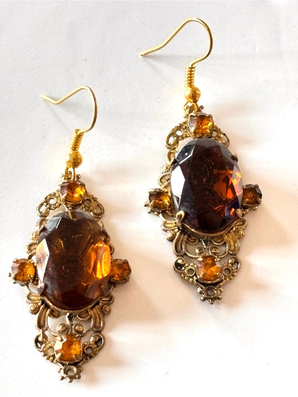 Vintage Victorian filigree faceted cognac stone dangling earrings with new hooks